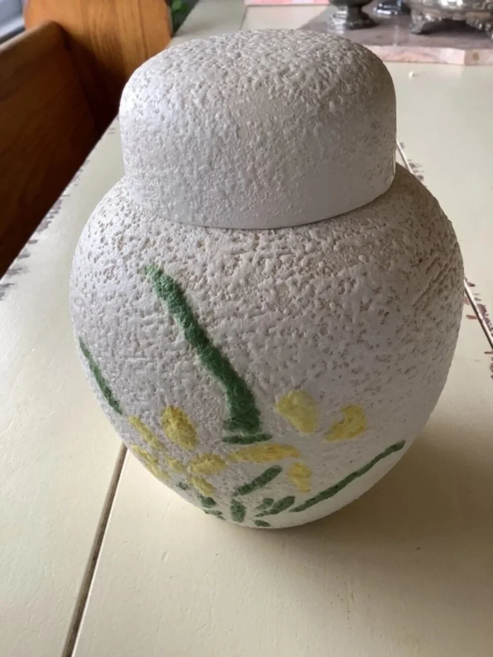 Vintage 70-80's Textured Ceramic White Ginger Jar Yellow Floral Design